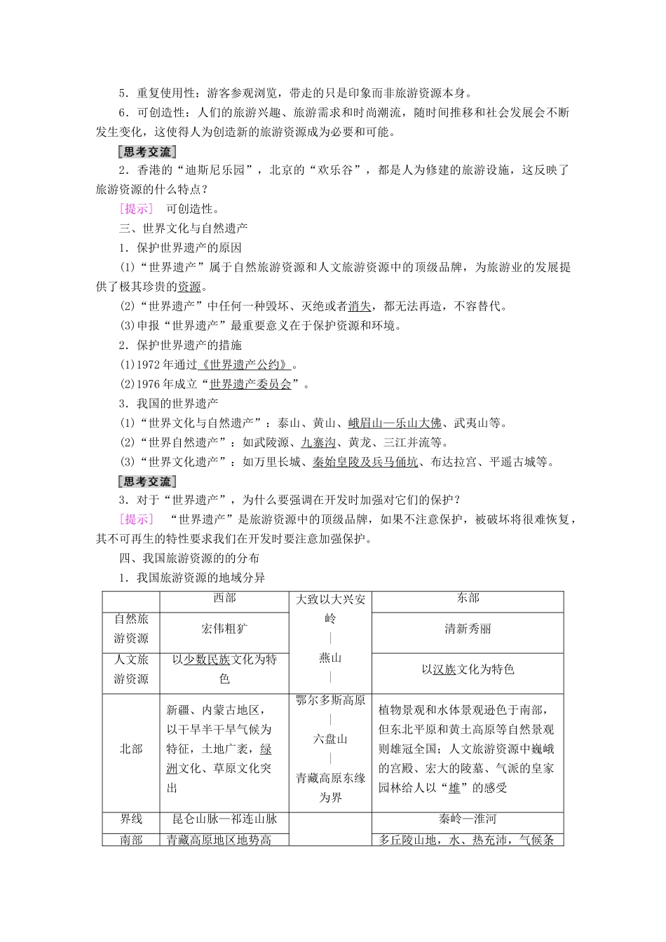 高中地理 第2单元 旅游景观欣赏与旅游活动设计 第1节 旅游资源及其特点学案 鲁教版选修3-鲁教版高二选修3地理学案_第2页
