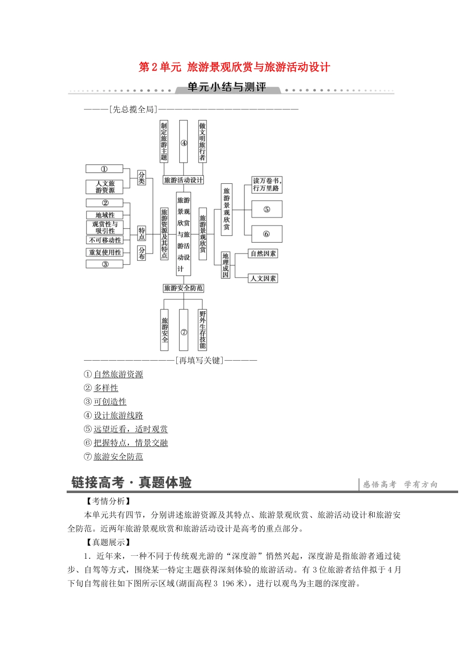 高中地理 第2单元 旅游景观欣赏与旅游活动设计单元小结与测评学案 鲁教版选修3-鲁教版高二选修3地理学案_第1页