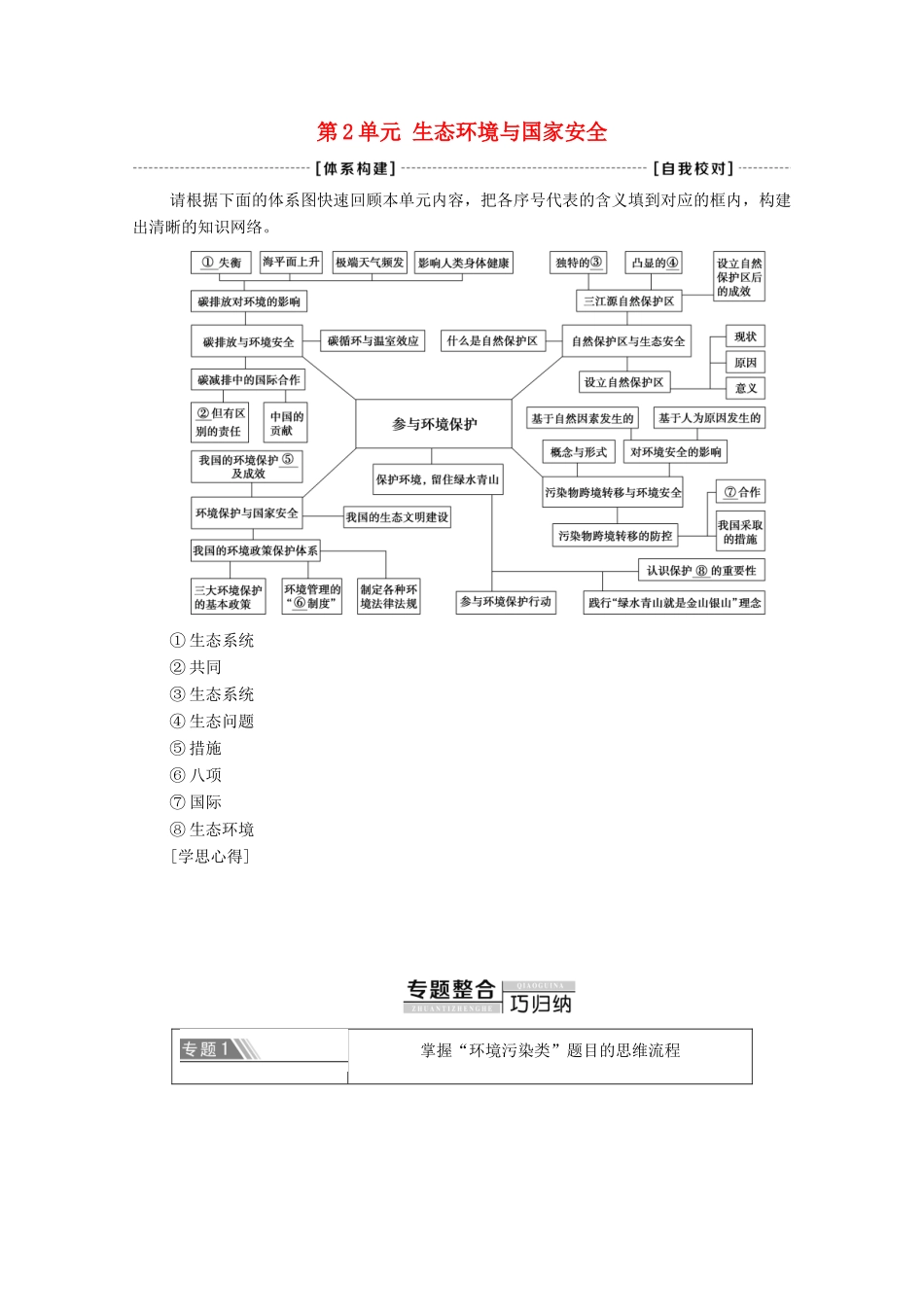 高中地理 第2单元 生态环境与国家安全 单元小结与测评学案 鲁教版选择性必修3-鲁教版高中选择性必修3地理学案_第1页