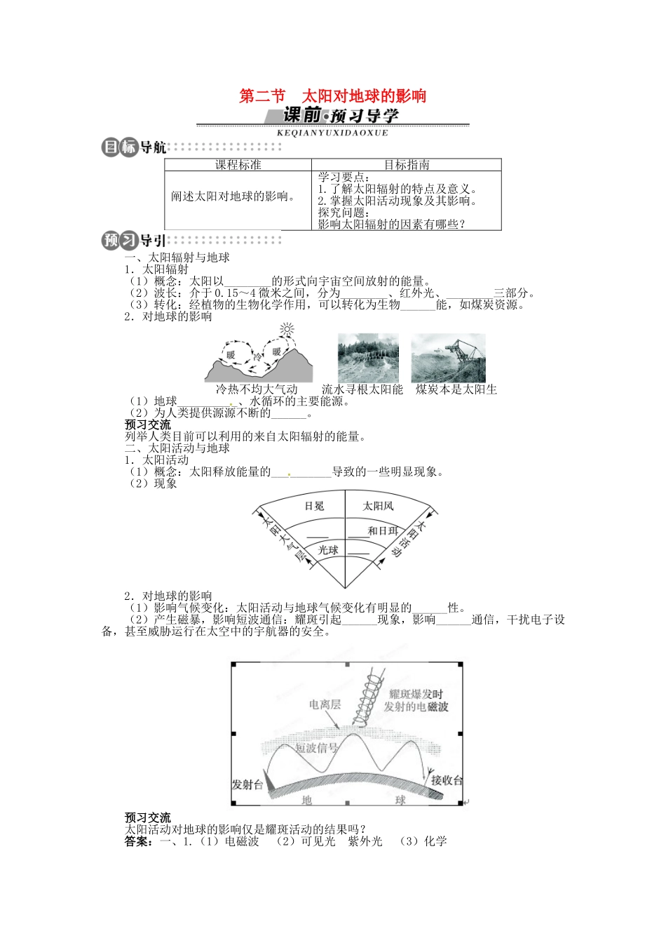 高中地理 第一章 第2节 太阳对地球的影响导学案 湘教版必修1-湘教版高中必修1地理学案_第1页