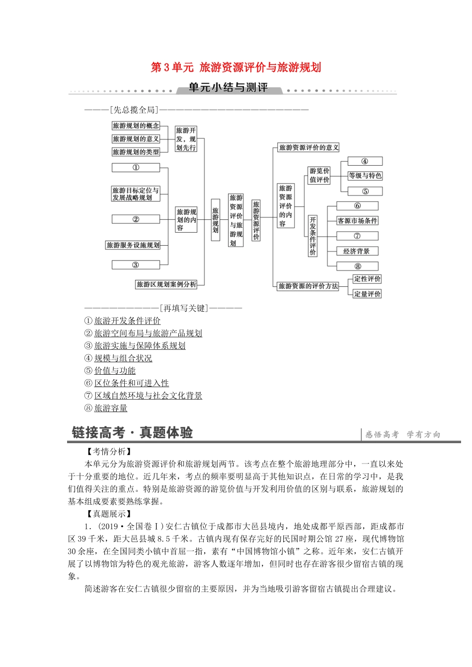 高中地理 第3单元 旅游资源评价与旅游规划单元小结与测评学案 鲁教版选修3-鲁教版高二选修3地理学案_第1页