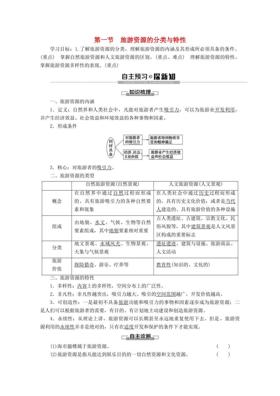 高中地理 第2章 旅游资源 第1节 旅游资源的分类与特性学案 新人教版选修3-新人教版高二选修3地理学案_第1页