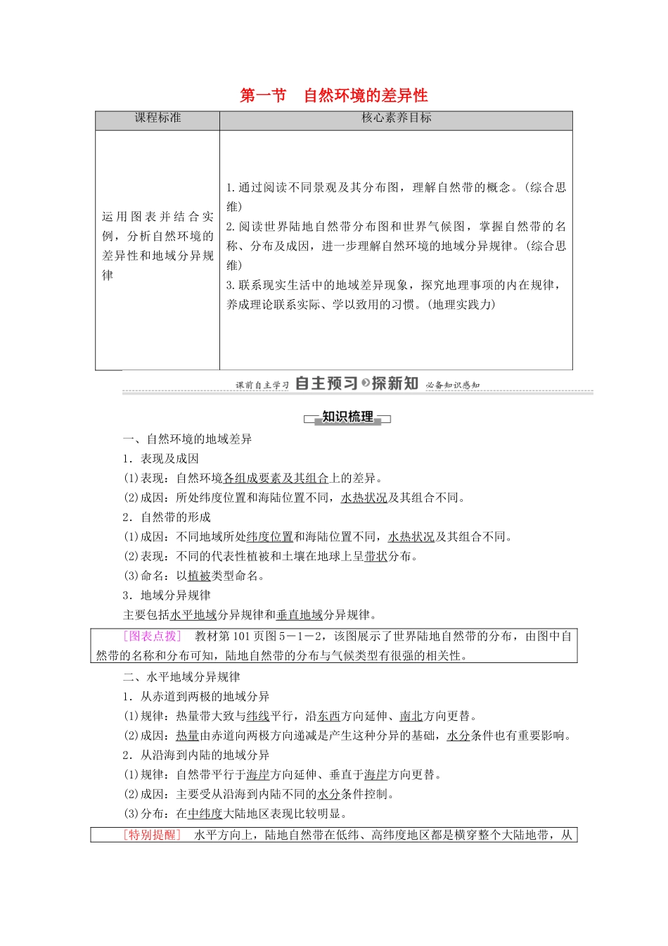 高中地理 第5单元 自然环境的特征 第1节 自然环境的差异性学案 鲁教版选择性必修1-鲁教版高中选择性必修1地理学案_第1页