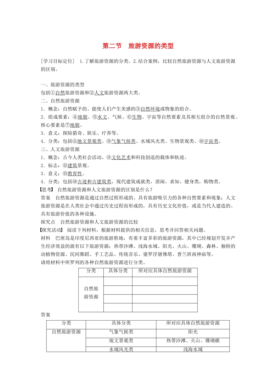 高中地理 第一章 旅游资源的类型与分布 第二节 旅游资源的类型同步备课学案 中图版选修3-中图版高二选修3地理学案_第1页