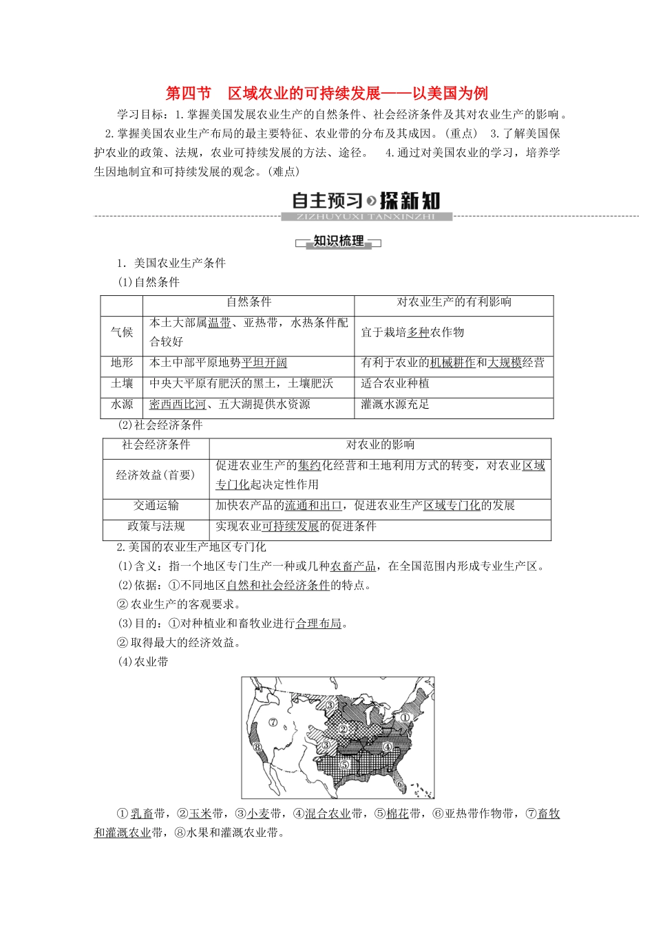 高中地理 第2章 区域可持续发展 第4节 区域农业的可持续发展——以美国为例学案 湘教版必修3-湘教版高二必修3地理学案_第1页