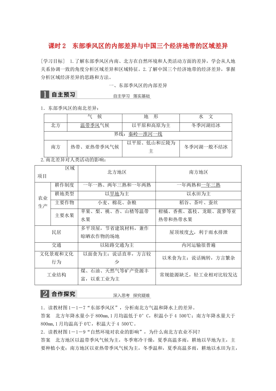 高中地理 第一章 区域地理环境和人类活动 第一节 课时2 东部季风区的内部差异与中国三个经济地带的区域差异学案 中图版必修3-中图版高二必修3地理学案_第1页