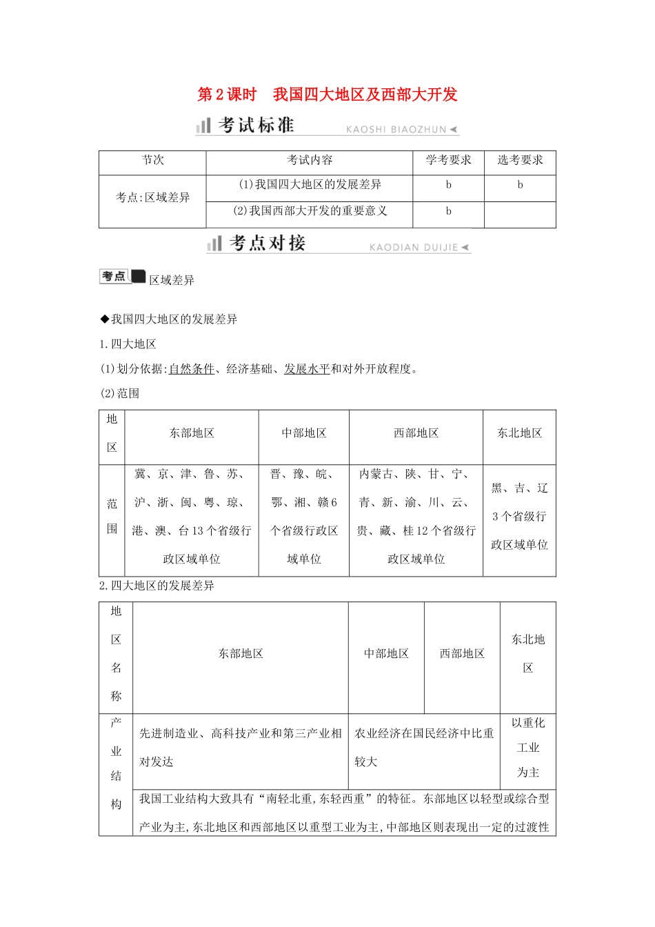 高中地理 第一章 区域地理环境与人类活动 第四节 区域差异 第2课时 我国四大地区及西部大开发知识梳理学案 湘教版必修3-湘教版高二必修3地理学案_第1页