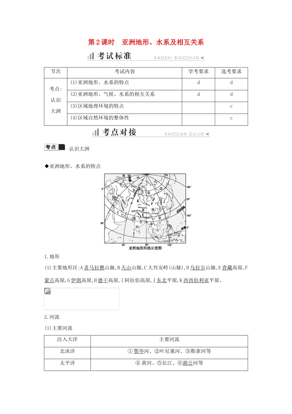 高中地理 第一章 区域地理环境与人类活动 第一节 认识大洲 第2课时 亚洲地形、水系及相互关系知识梳理学案 湘教版必修3-湘教版高二必修3地理学案_第1页