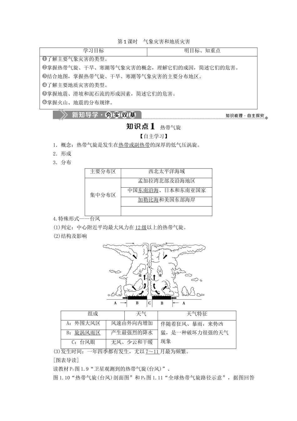 高中地理 第一章 自然灾害与人类活动 第二节 主要自然灾害的形成与分布 第1课时 气象灾害和地质灾害学案 新人教版选修5-新人教版高二选修5地理学案_第1页