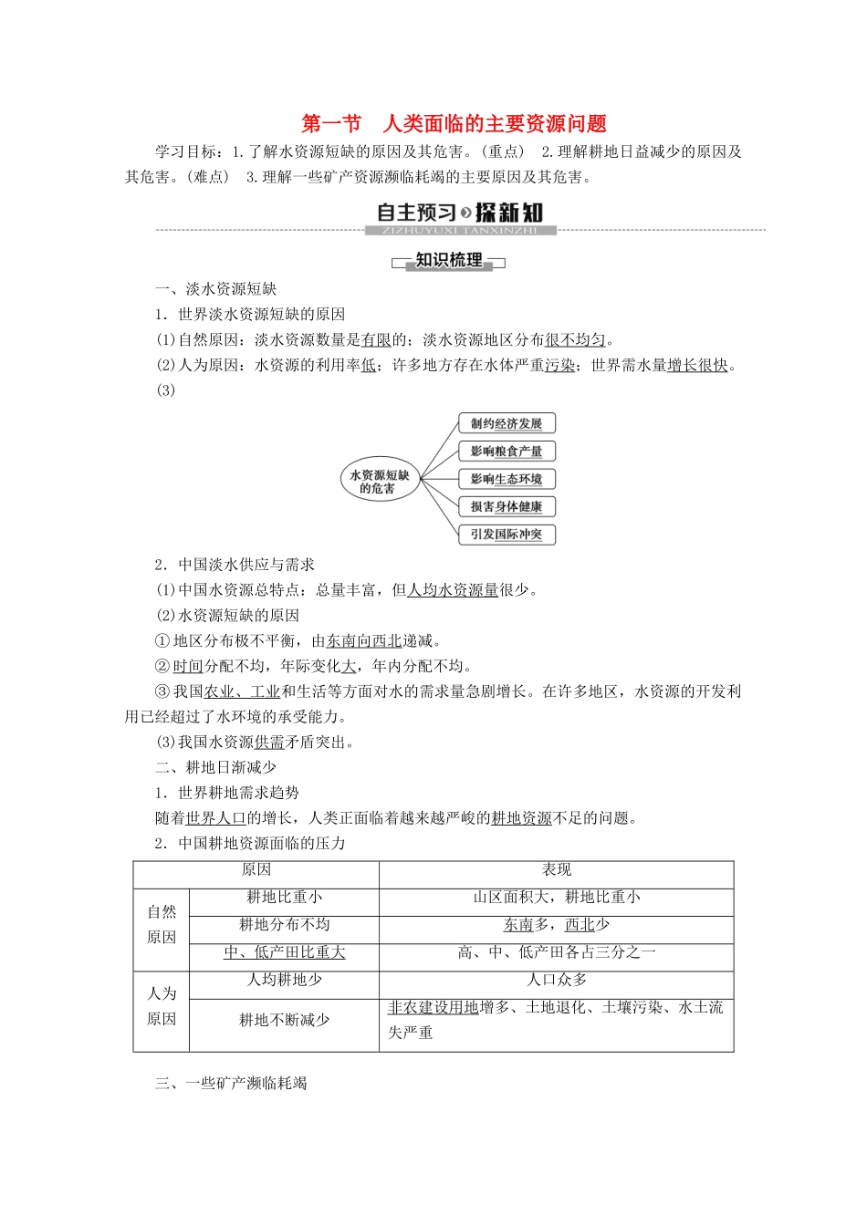 高中地理 第3章 自然资源的利用与保护 第1节 人类面临的主要资源问题学案 新人教版选修6-新人教版高二选修6地理学案_第1页