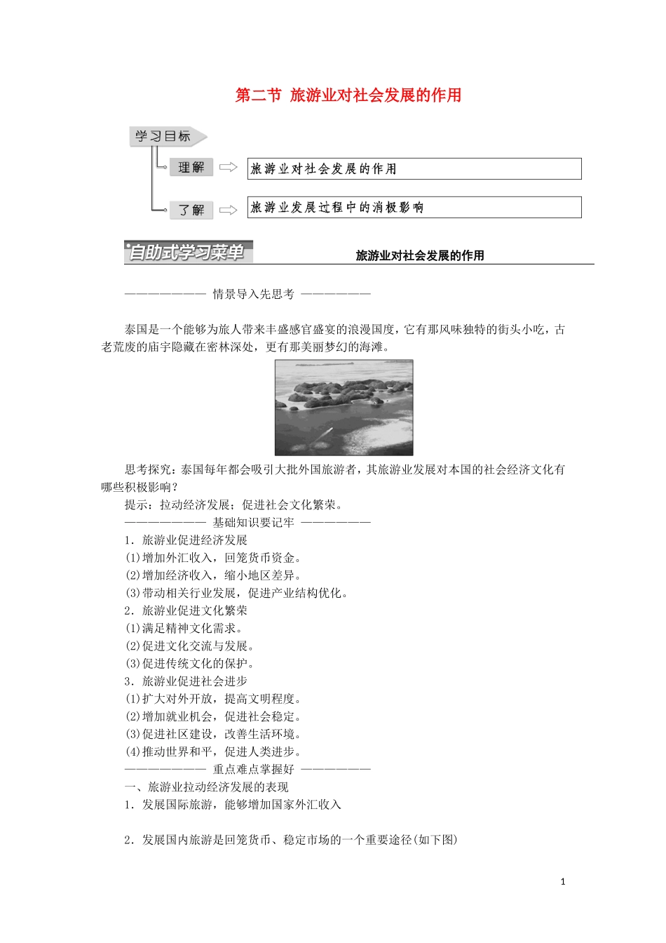 高中地理 第一单元 蓬勃发展的旅游业 第二节 旅游业对社会发展的作用教学案 鲁教版选修3-鲁教版高二选修3地理教学案_第1页