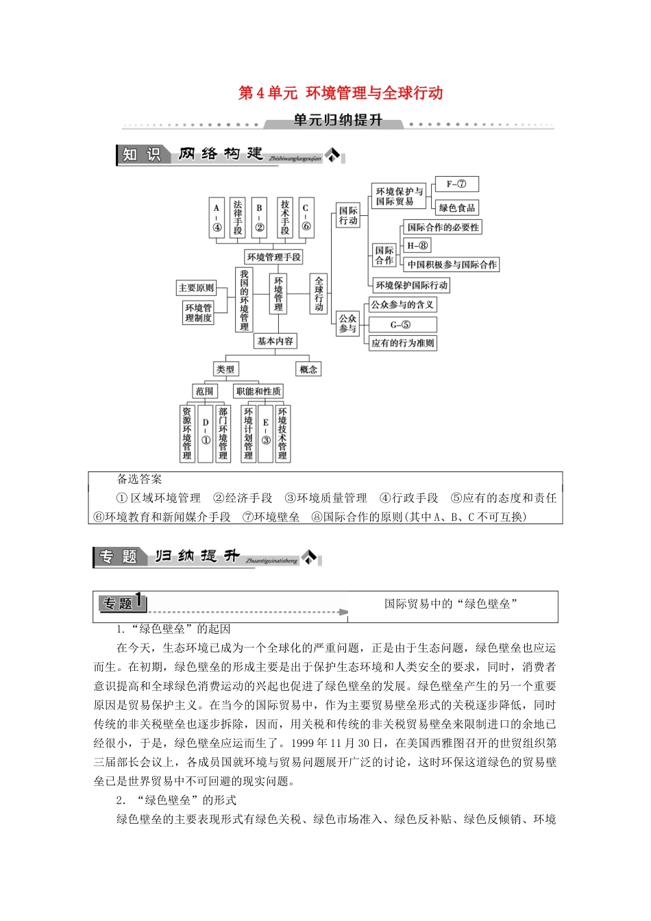高中地理 第4单元 环境管理与全球行动单元归纳提升学案 鲁教版选修6-鲁教版高二选修6地理学案_第1页