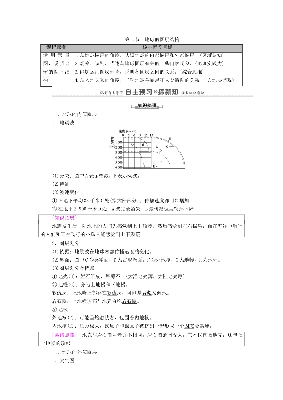 高中地理 第一章 宇宙中的地球 第2节 地球的圈层结构学案 中图版必修第一册-中图版高中第一册地理学案_第1页