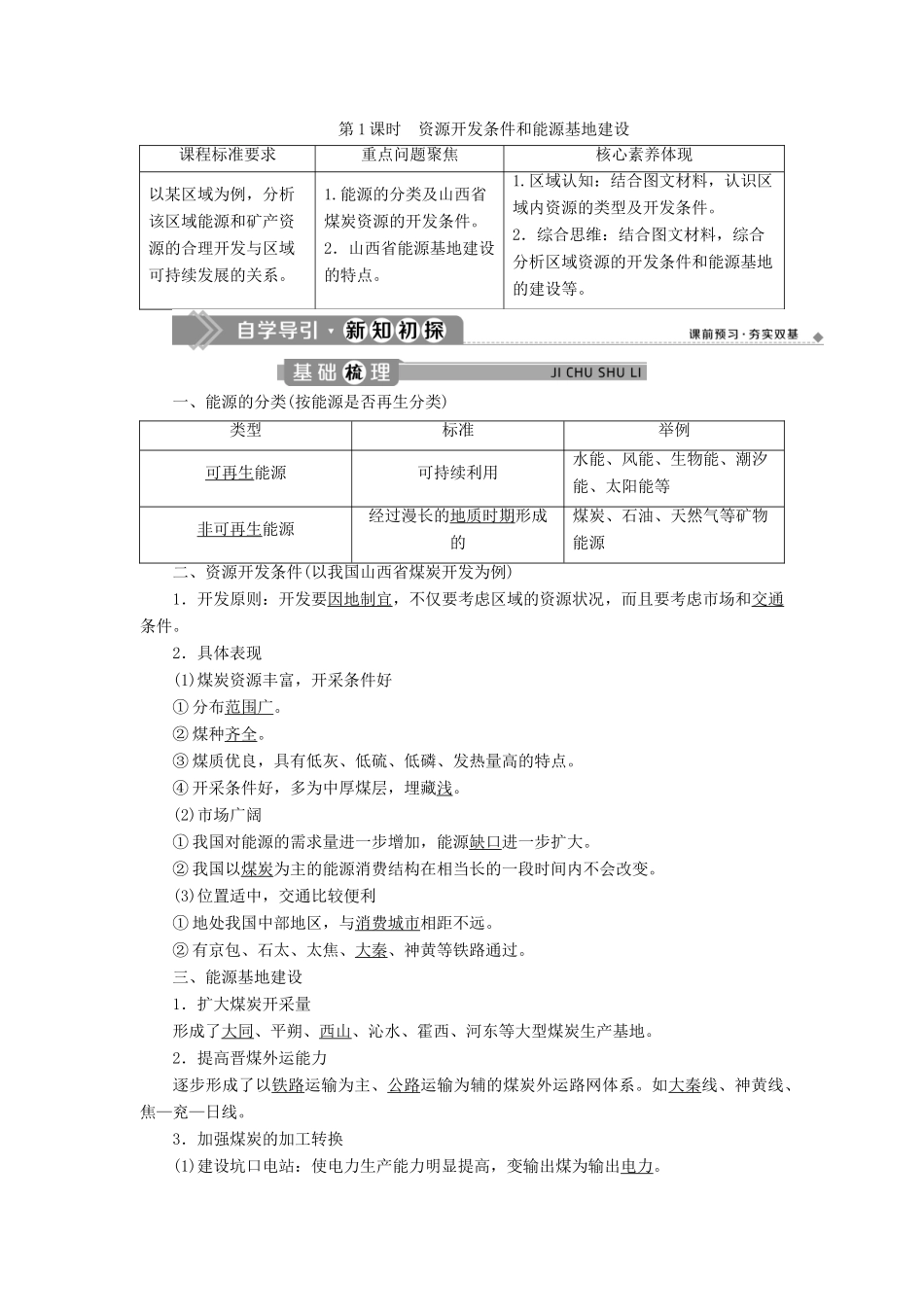 高中地理 第三章 区域自然资源综合开发利用 第一节 能源资源的开发——以我国山西省为例 第1课时 资源开发条件和能源基地建设学案 新人教版必修3-新人教版高二必修3地理学案_第1页