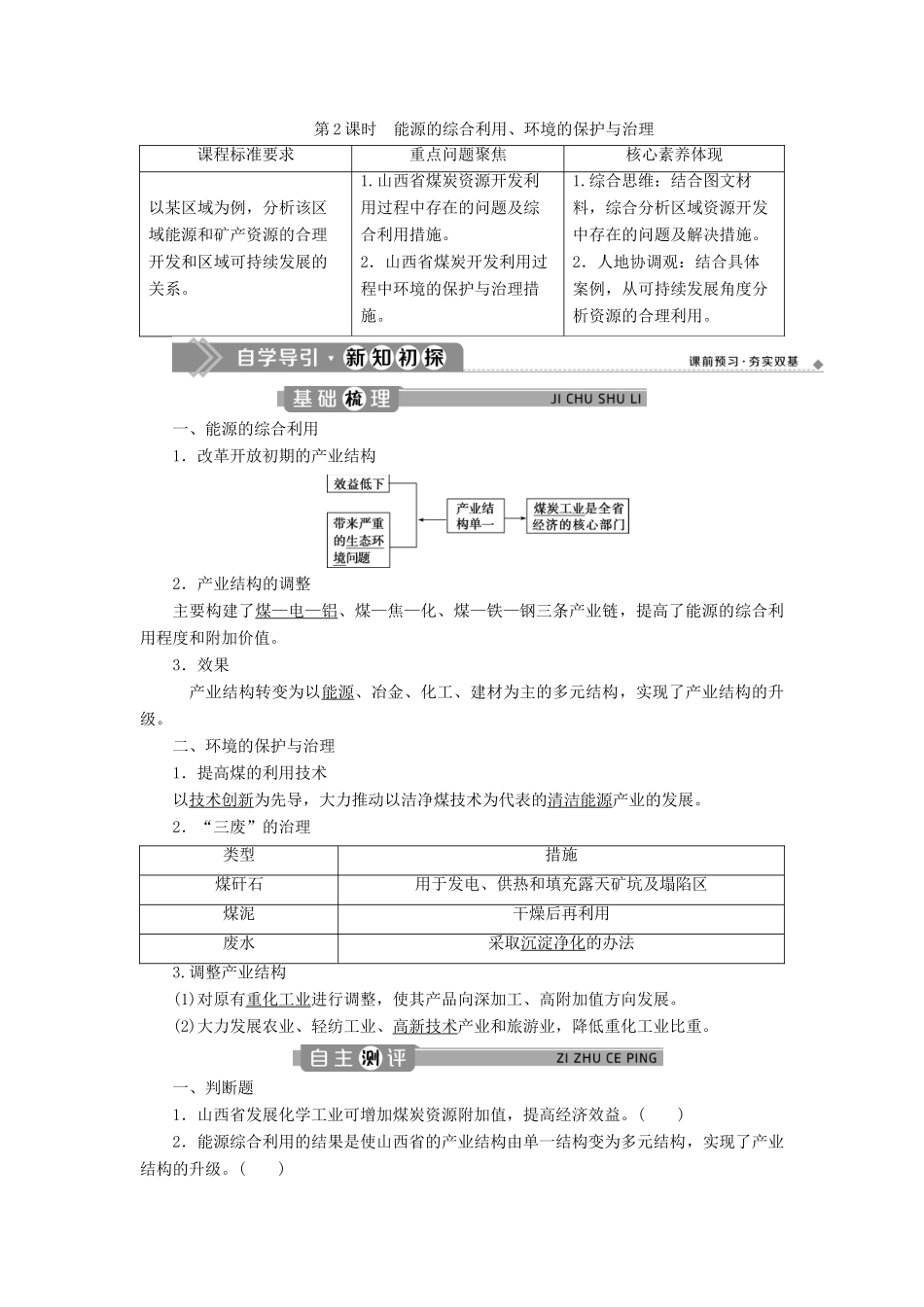 高中地理 第三章 区域自然资源综合开发利用 第一节 能源资源的开发——以我国山西省为例 第2课时 能源的综合利用、环境的保护与治理学案 新人教版必修3-新人教版高二必修3地理学案_第1页