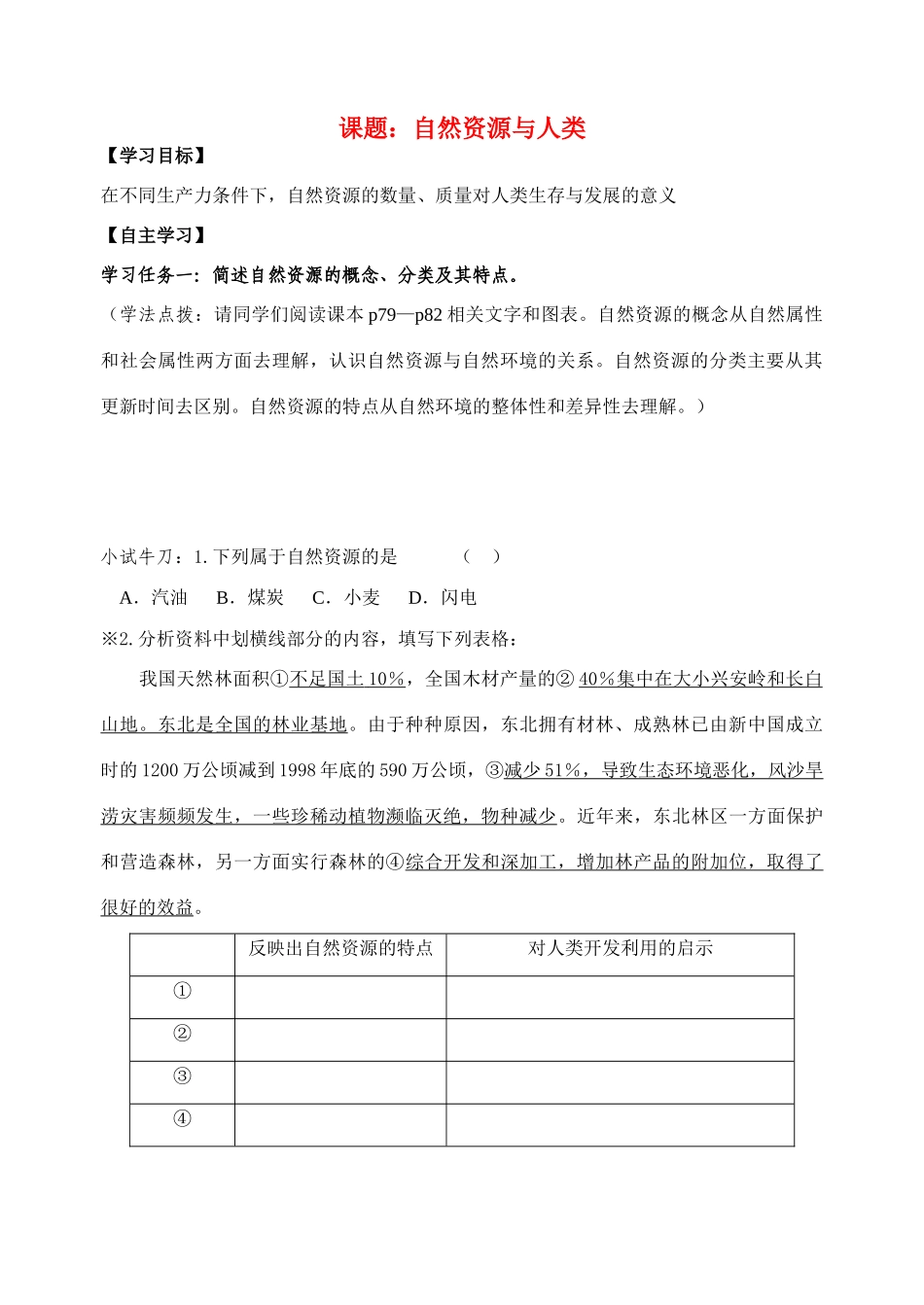 高中地理 第四单元第一节《自然资源与人类》导学案 鲁教版必修1_第1页