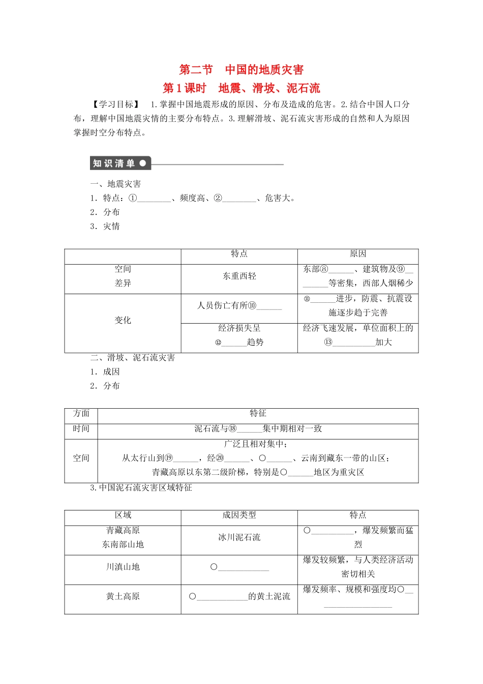 高中地理 第二章 第二节 第1课时 地震、滑坡、泥石流学案 新人教版选修5-新人教版高二选修5地理学案_第1页