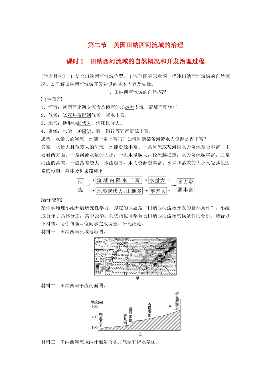 高中地理 第二章 第二节 课时1 田纳西河流域的自然概况和开发治理过程学案 中图版必修3-中图版高二必修3地理学案_第1页
