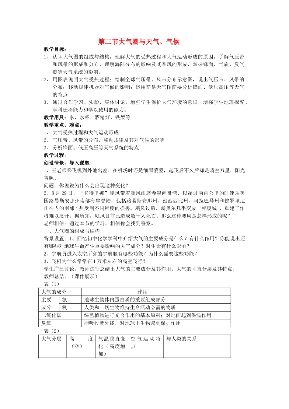 高中地理 第二单元 第二节 大气圈与天气、气候教案 鲁教版必修1_第1页