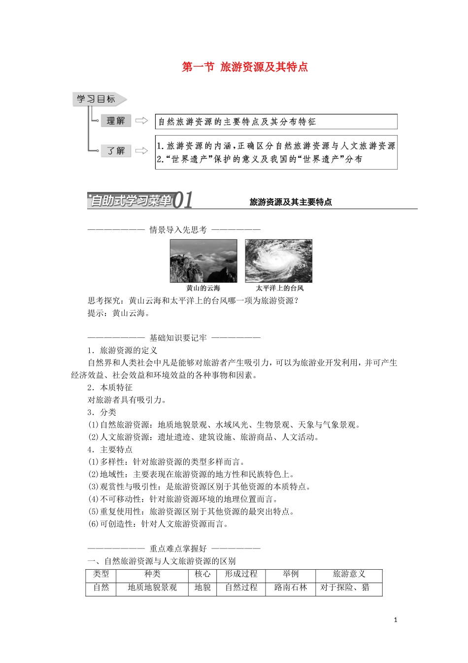 高中地理 第二单元 旅游景观欣赏与旅游活动设 第一节 旅游资源及其特点教学案 鲁教版选修3-鲁教版高二选修3地理教学案_第1页