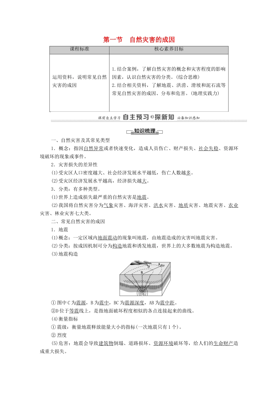高中地理 第四单元 从人地作用看自然灾害 第1节 自然灾害的成因学案 鲁教版必修第一册-鲁教版高中第一册地理学案_第1页
