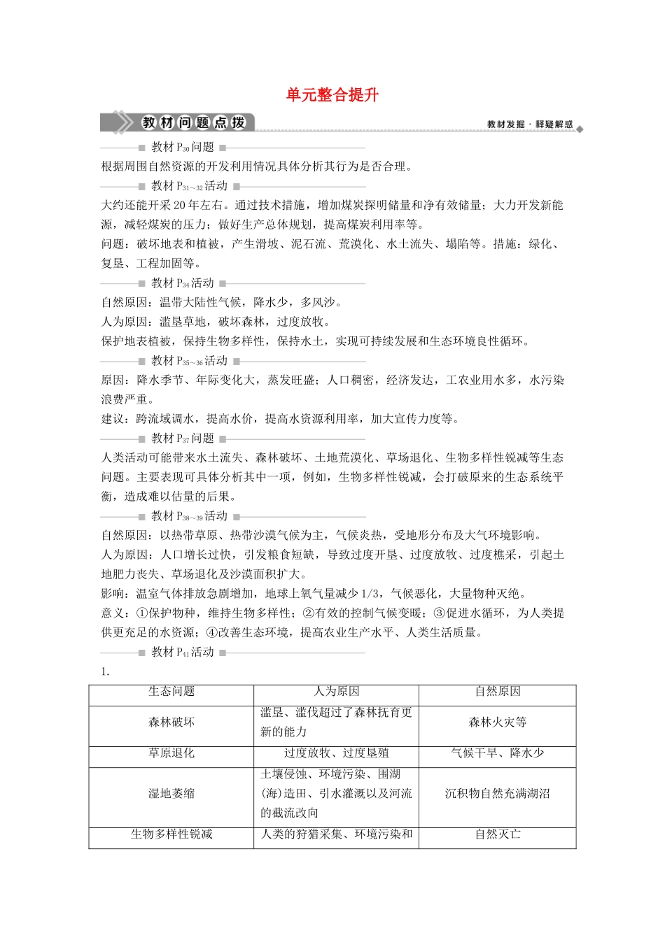 高中地理 第二单元 资源利用与生态保护单元整合提升学案 鲁教版选修6-鲁教版高二选修6地理学案_第1页