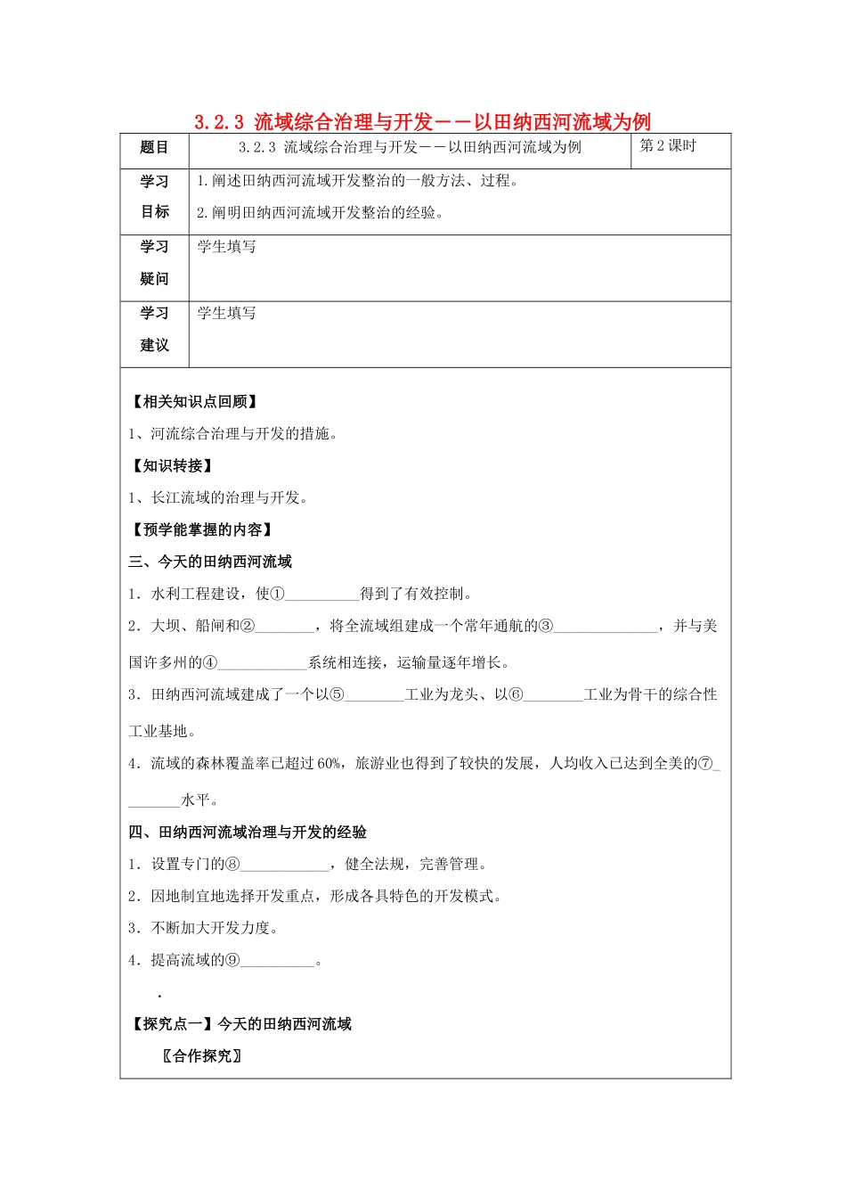 高中地理 第二章 区域可持续发展 2.3 流域综合治理与开发――以田纳西河流域为例（第2课时）今天的田纳西河流域及治理与开发的经验学案 湘教版必修3-湘教版高二必修3地理学案_第1页