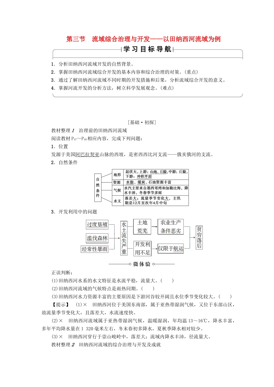 高中地理 第二章 区域可持续发展 第3节 流域综合治理与开发——以田纳西河流域为例学案 湘教版必修3-湘教版高二必修3地理学案_第1页
