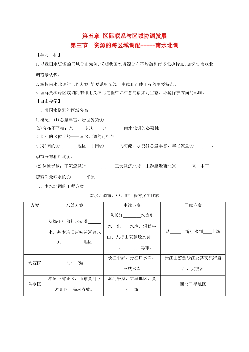 高中地理 第三节 资源的跨区域调配——南水北调导学案 新人教版必修3-新人教版高二必修3地理学案_第1页