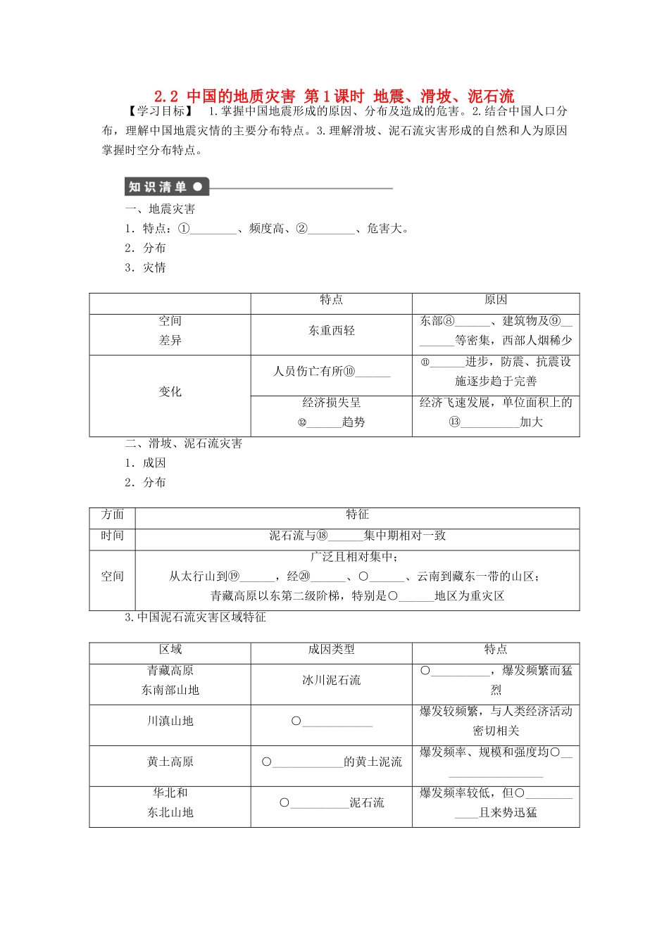 高中地理 第二章 中国的自然灾害 第二节 中国的地质灾害（第1课时）地震、滑坡、泥石流学案 新人教版选修5-新人教版高二选修5地理学案_第1页