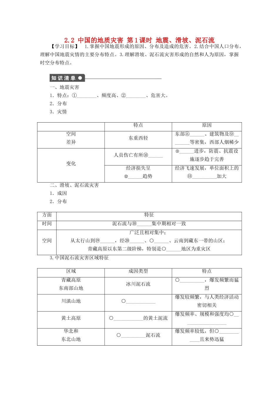 高中地理 第二章 中国的自然灾害 第二节 中国的地质灾害（第1课时）学案 新人教版选修5-新人教版高二选修5地理学案_第1页