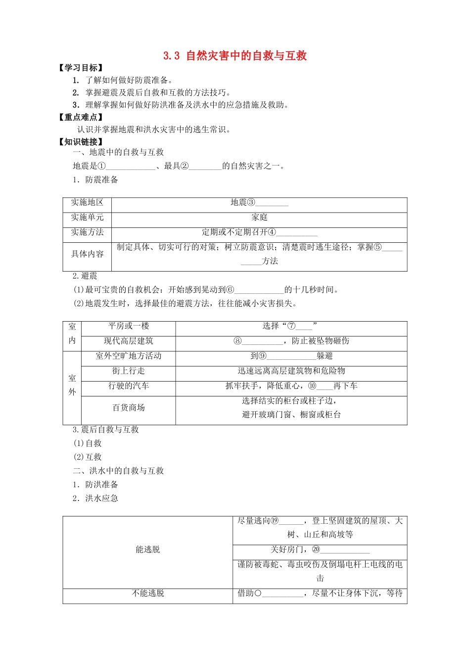 高中地理 第三章 防灾与减灾 第三节 自然灾害中的自救与互救导学案1 新人教版选修5-新人教版高二选修5地理学案_第1页