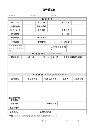 健身行业应聘表格
