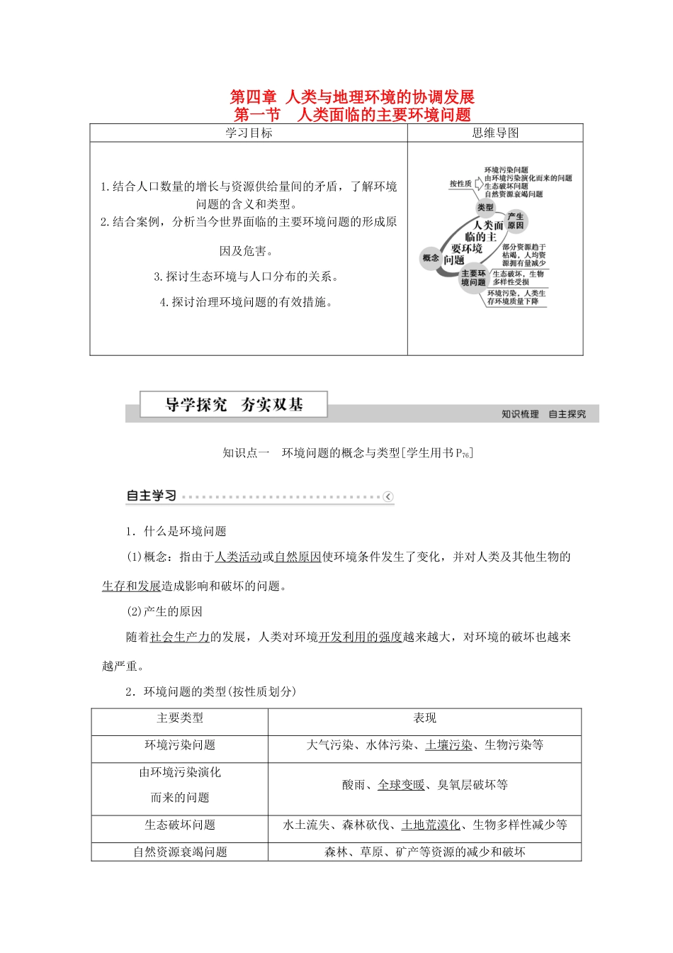 高中地理 第四章 人类与地理环境的协调发展 第一节 人类面临的主要环境问题学案 湘教版必修2-湘教版高一必修2地理学案_第1页