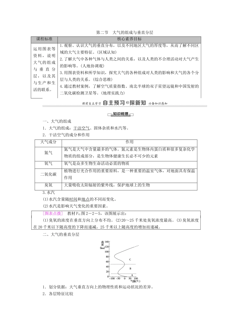 高中地理 第二章 自然地理要素及现象 第2节 大气的组成与垂直分层学案 中图版必修第一册-中图版高中第一册地理学案_第1页