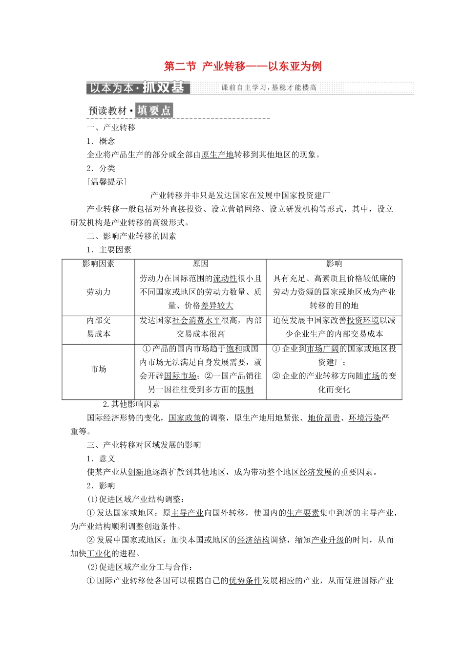 高中地理 第五章 区域联系与区域协调发展 第二节 产业转移——以东亚为例教学案 新人教版必修3-新人教版高一必修3地理教学案_第1页