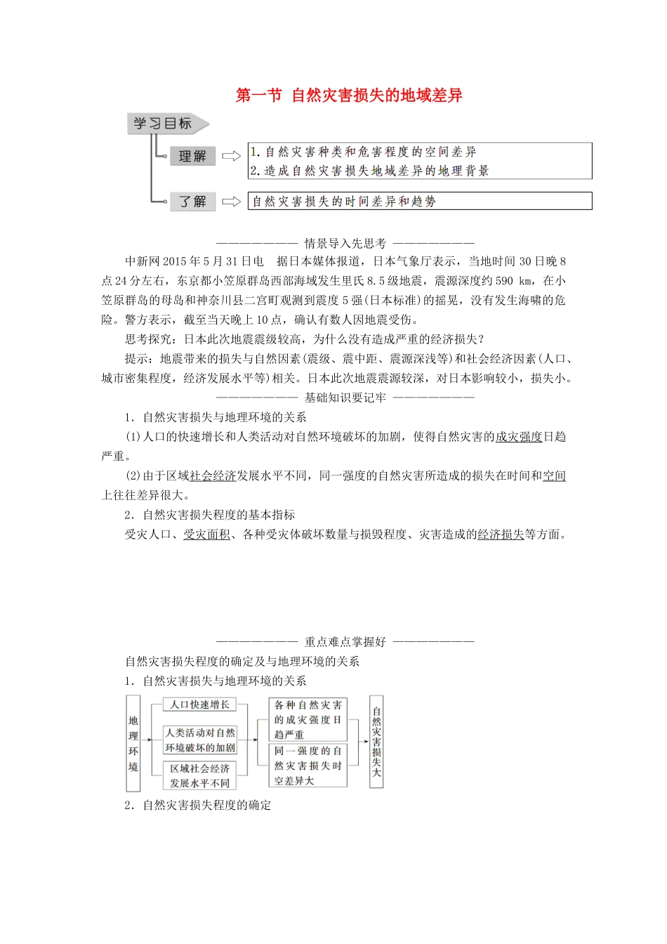高中地理 第三章 自然灾害与环境 第一节 自然灾害损失的地域差异学案（含解析）湘教版选修5-湘教版高二选修5地理学案_第1页