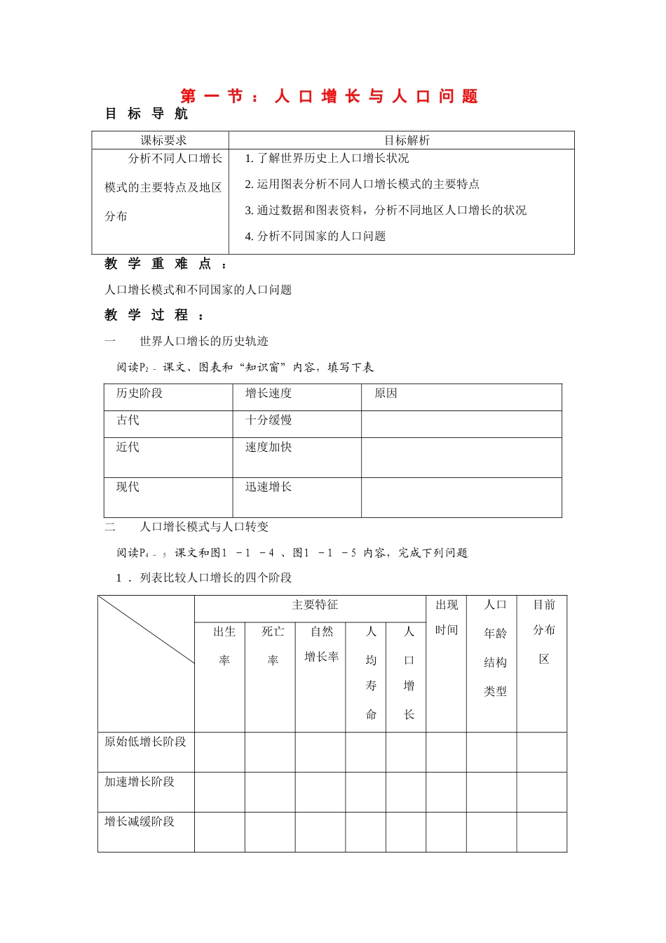 高中地理：1.1《人口增长与人口问题》学案（鲁教版必修2）_第1页