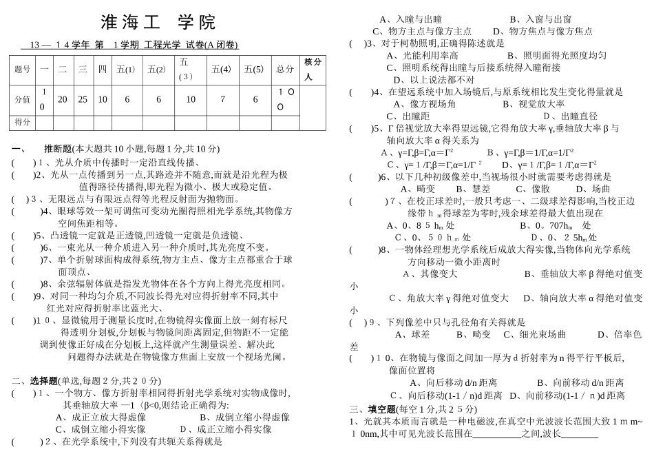 光信121工程光学考试卷_第1页
