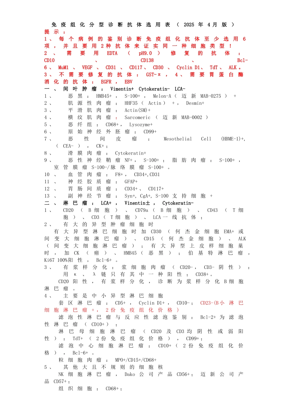 免疫组化分型诊断抗体选用表_第1页