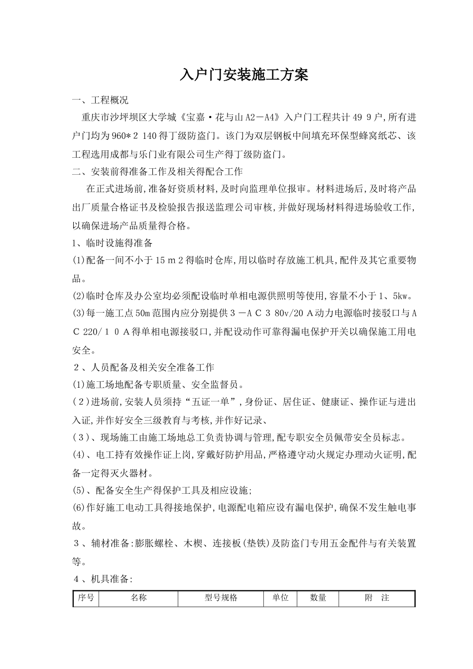 入户门安装施工方案_第1页