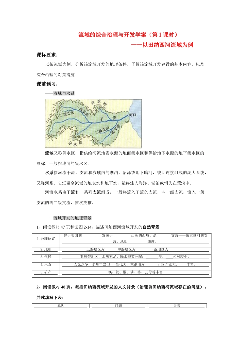 高中地理《流域综合治理与开发——以田纳西河流域为例》学案1 湘教版必修3_第1页