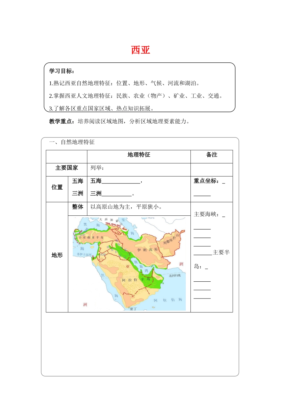 高中地理精品区域地理学案：西亚 全国通用_第1页
