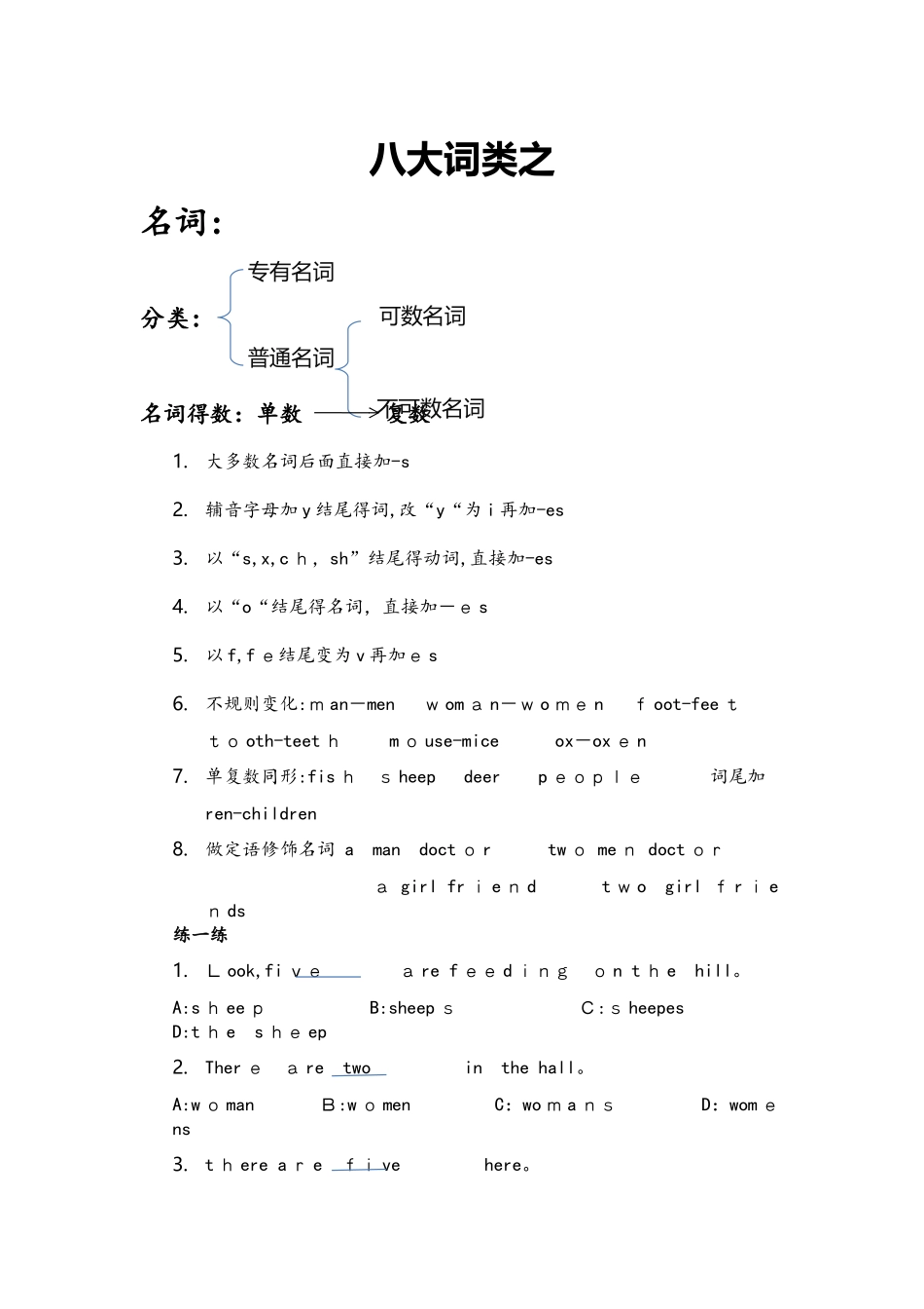 八大词类之名词专项讲解+练习（无答案）_第1页