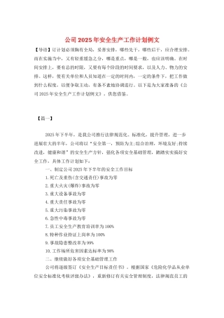 公司2025年安全生产工作计划例文