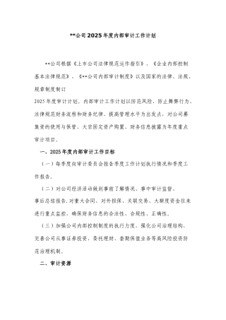 公司2025年度内部审计工作计划