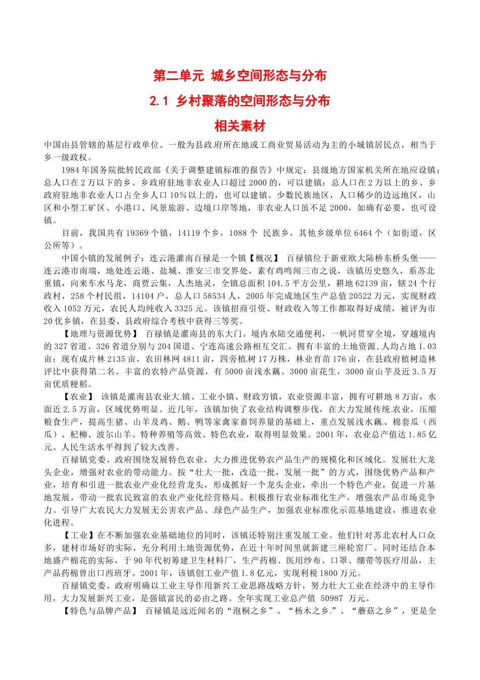 高中地理：21《乡村聚落的空间形态与分布》素材鲁教版选修4_第1页