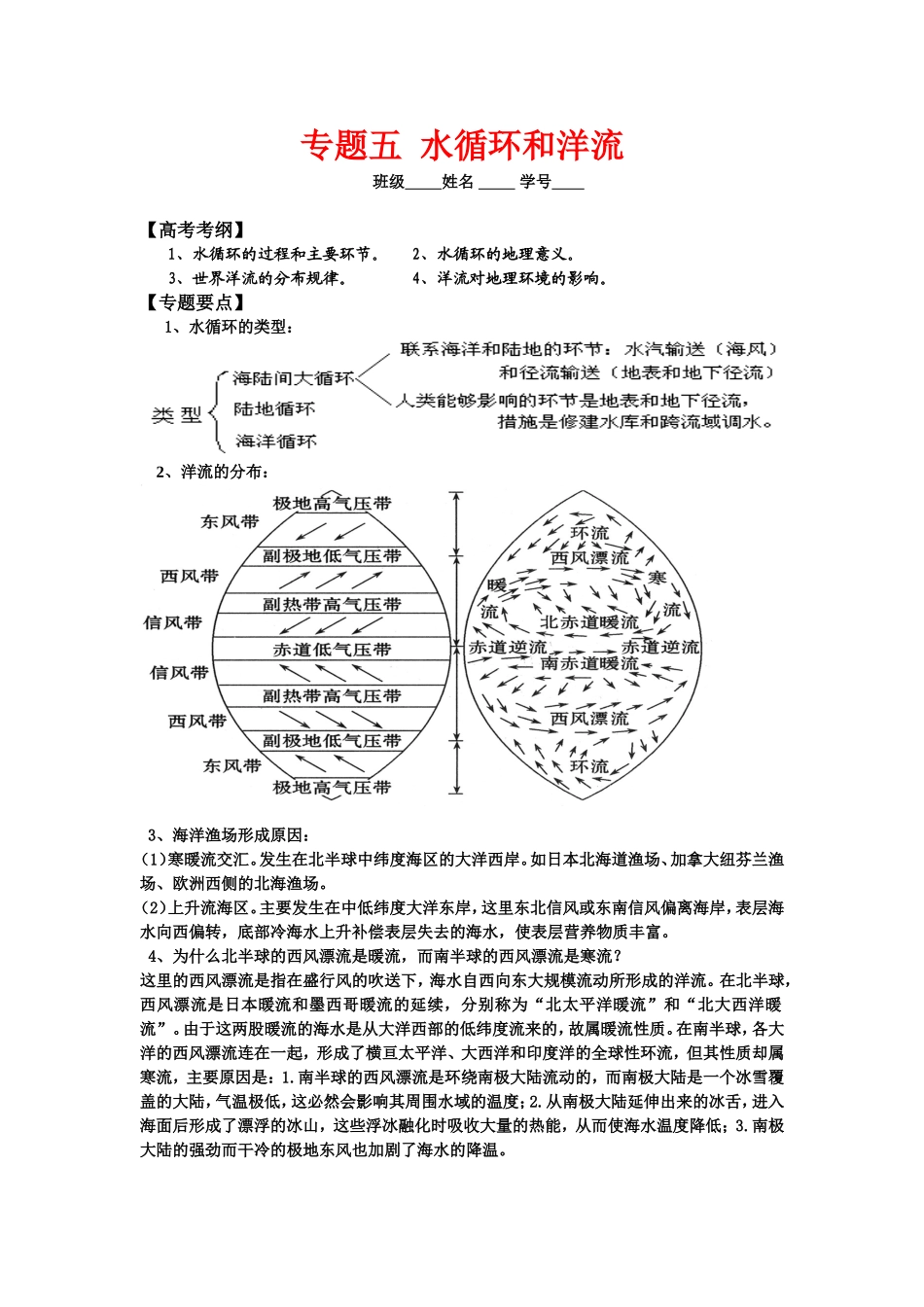 高中地理高考专题_水循环和洋流教案湘教版必修1_第1页