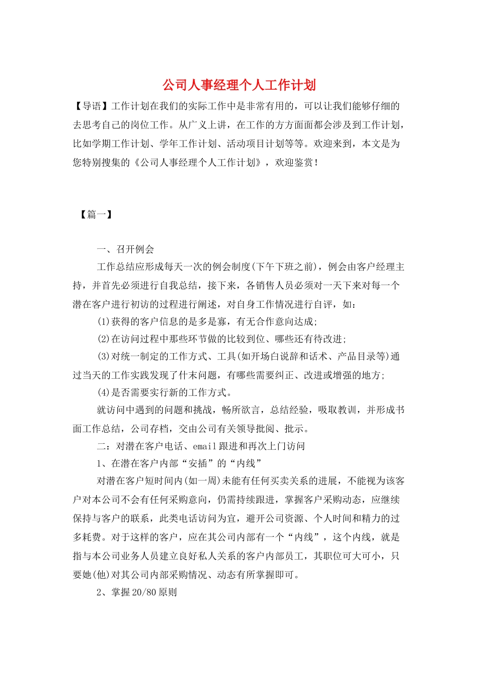 公司人事经理个人工作计划_第1页