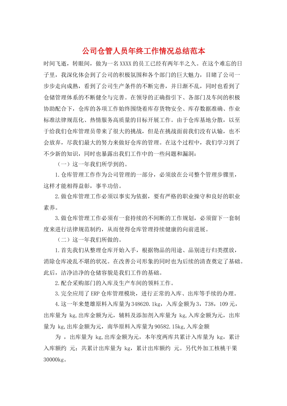 公司仓管人员年终工作情况总结范本_第1页